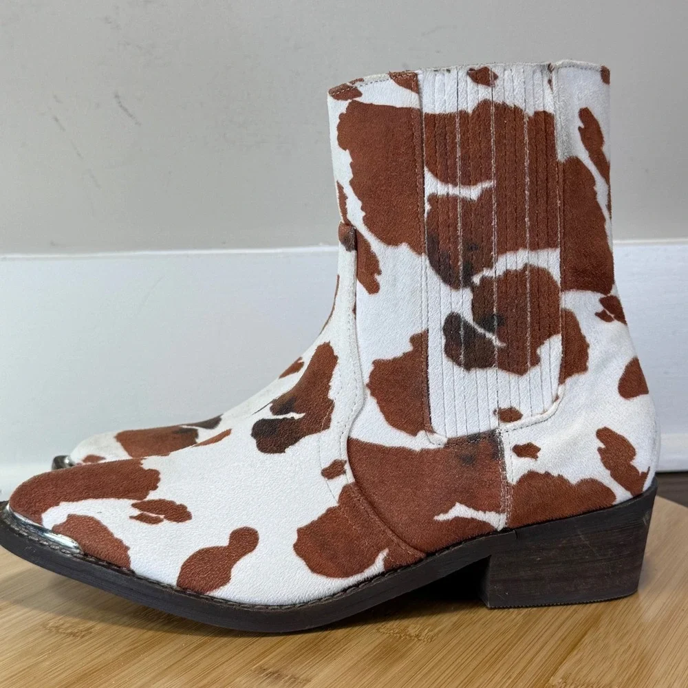 Good Arider Girl Cow Print Western Ankle Boots Women's 7 Brown White Zip Toe